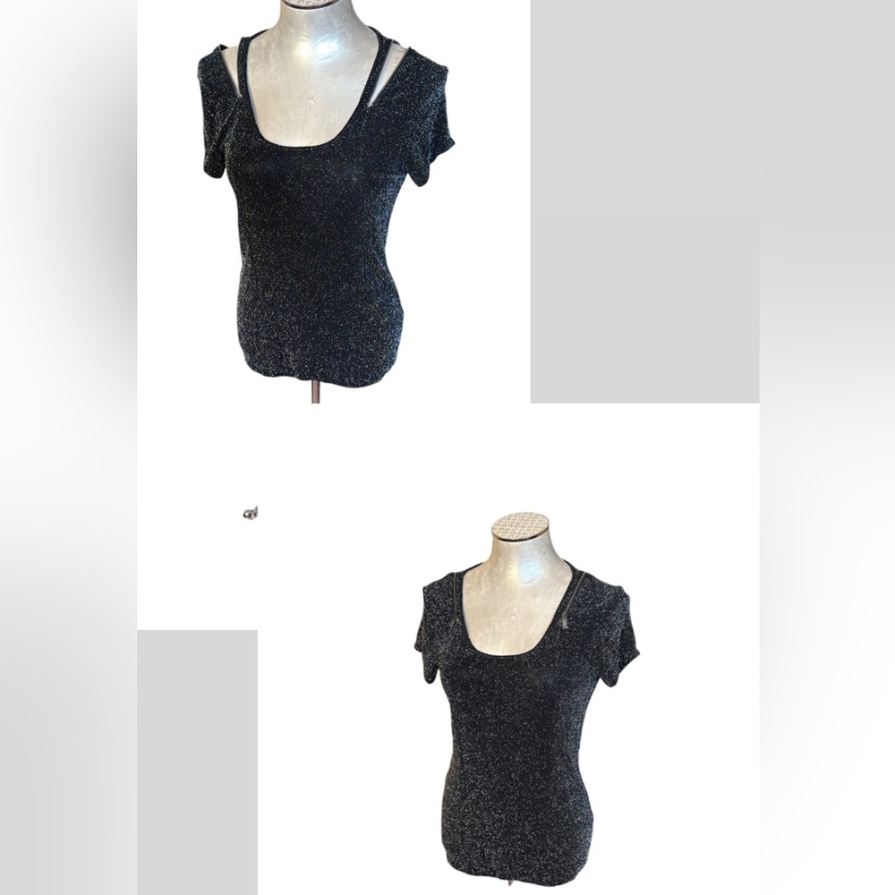 Armani Exchange Black Silver Metallic stretch Crew Knit Top shoulder zippers M